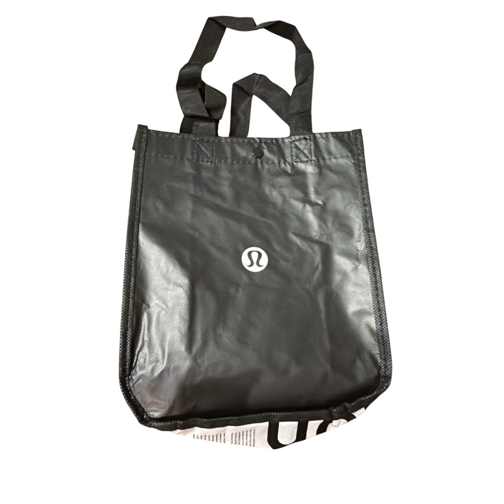 Lululemon Reusable Shopping Tote Bag Small Black White Logo Snap Closure